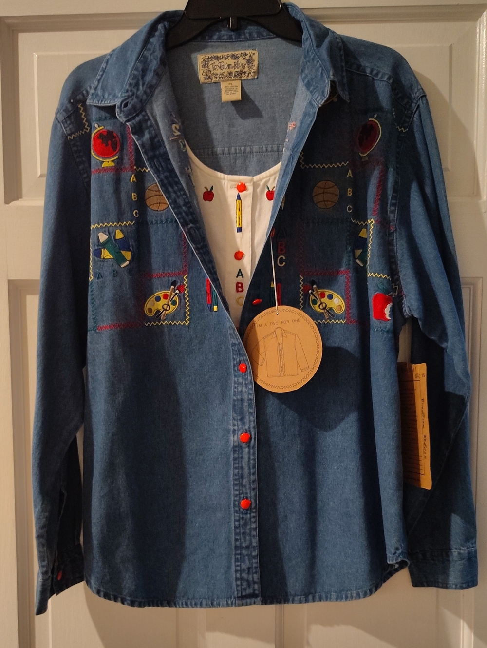 Women's Denim Embroidered School-Themed Button Shirt - Blue